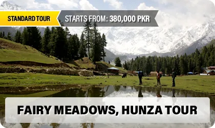 Fairy Meadows Hunza - Lush green meadows with snow-capped mountains and reflective pond, Standard Tour
