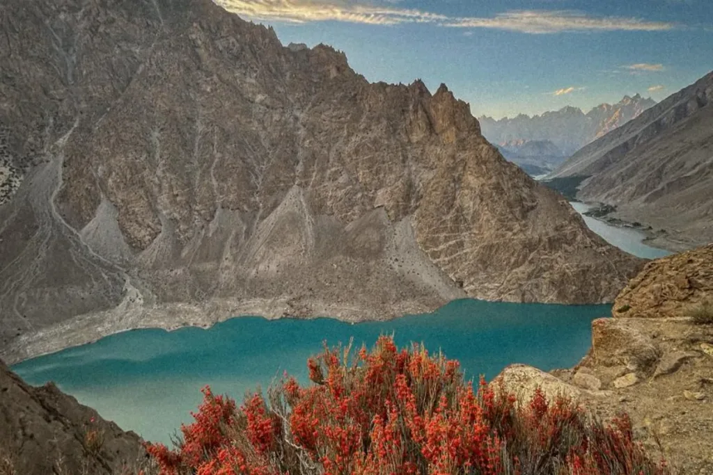 Beautiful ariel view of Attabad Lake Hunza with turquoise blue water and mountain -