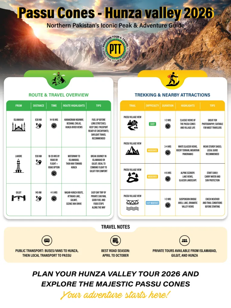 Passu Cone travel guide - our infographic shows the trekking guide, nearby places and other things traveller should know