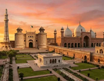 Panoramic view of Lahore's famous historical places including Badshahi Mosque and Lahore Fort for premium Lahore city tour packages.