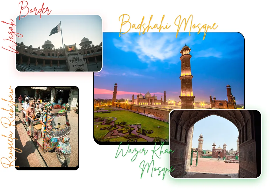 Lahore Sightseeing Tours: featuring custom tour experiences at Wagah Border, the grand Badshahi Mosque, traditional Rangeela Rickshaw rides, and stunning Wazir Khan Mosque tilework magic