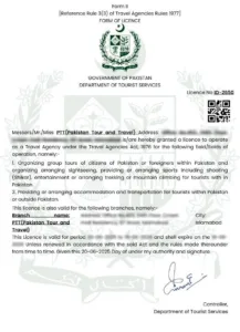 Pakistan Tour and Travel government tourism licence certificate issued by Department of Tourist Services