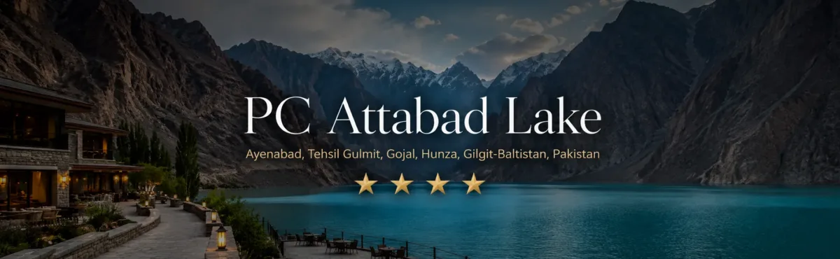 PC Attabad Lake hotel overlooking turquoise Attabad Lake and the Karakoram mountains in Upper Hunza, Gilgit-Baltistan.