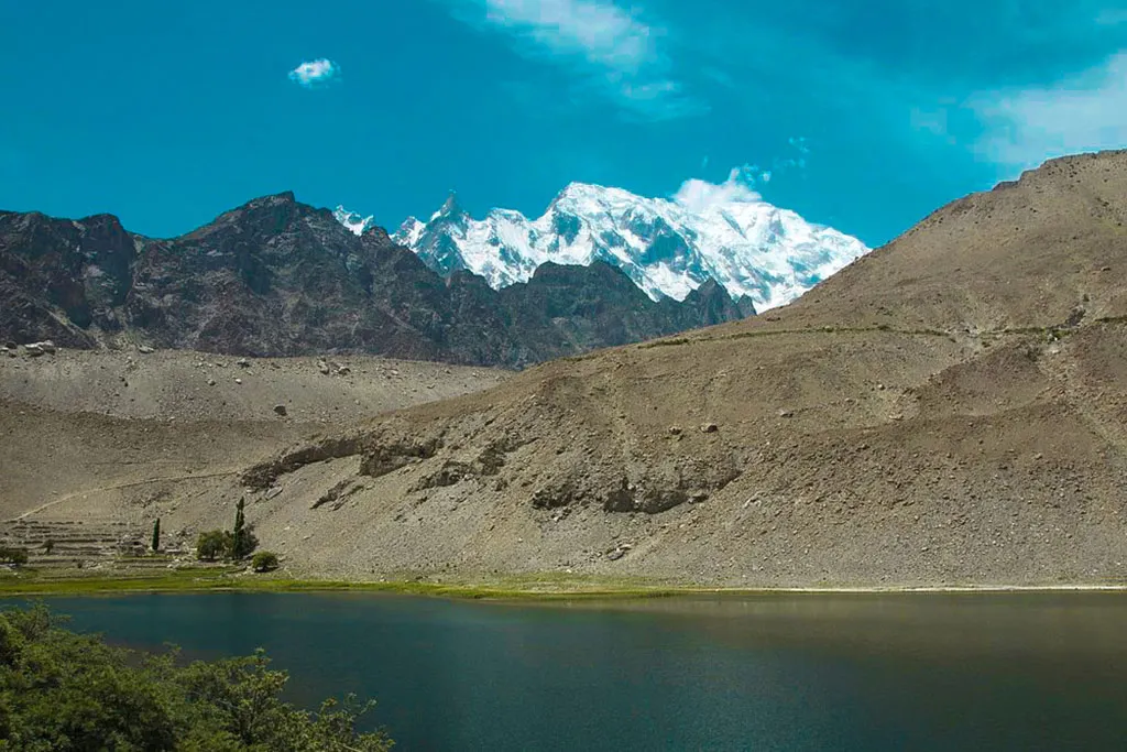 High altitude saline Borith Lake with Passu Glacier mountains