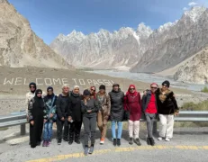 Sightseers gathered near the riverbank outlook point above the valley floor
