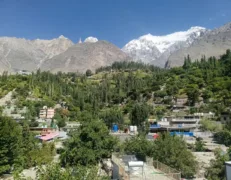 Panoramic Rooftop View of Karimabad with Ladyfinger Peak Panoramic rooftop view of Karimabad town with Ladyfinger Peak and snow-covered mountains in Hunza Valley