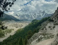 Ultar Glacier View from Viewpoint in Karimabad Hunza Scenic view of Ultar Glacier and surrounding mountain peaks from the viewpoint near Karimabad Hunza Valley